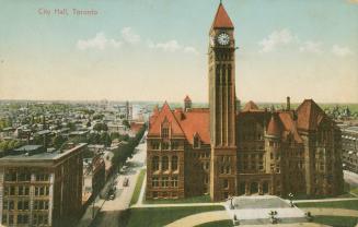 Wide view of Old City Hall in Toronto seen from Queen Street West. Features the clock tower. Ad ...