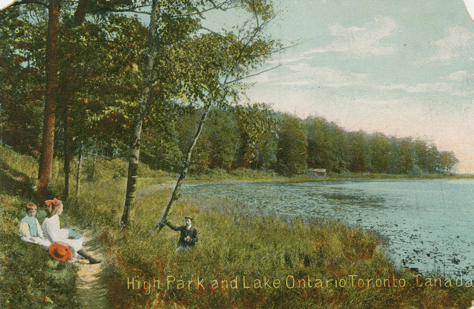 Bucolic scene of three children by Grenadier Pond in High Park. Trees and high grass line the e ...