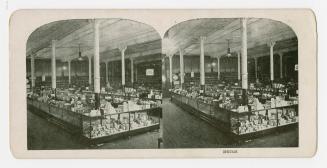 Two photographs of a retail store interior, with medicine and medical items on display on shelv ...