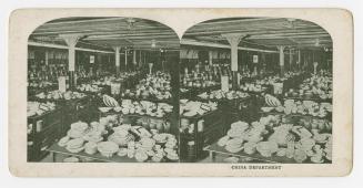 Two photographs of the interior of a retail store, with various types of china displayed on tab ...