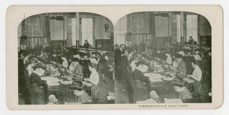 Two photographs of the interior of a room where several women are working at desks with typewri ...