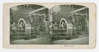 Two photographs of the interior of a room containing a large electrical generator and pipes.