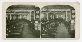 Two photographs of the interior of a retail store with various articles of furniture displayed, ...