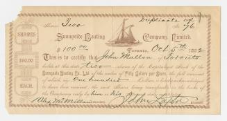 This is to certify that John Mallow of Toronto holds at this date two shares of the capitalized stock of the Sunnyside Boating Co. Ltd. 