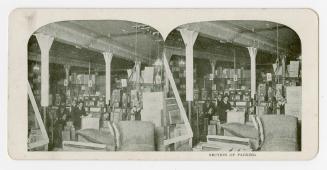 Two photographs of the interior of a room containing boxes, crates and bags piled on the floor  ...