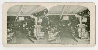 Two photographs of the interior of a store, with stoves and other hardware items on display.