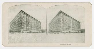 Two photographs of the exterior of a large seven-story building, with pedestrians and a streetc ...