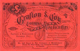 Trade card advertisement printed on red paper, illustrated to resemble a currency dollar bill.  ...