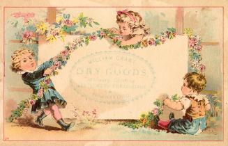 Colour trade card advertisement depicting an illustration of three children playing with flower ...