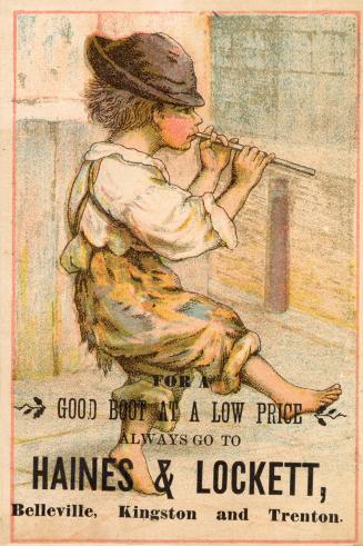 Colour trade card advertisement depicting an illustration of a barefooted boy playing the flute ...