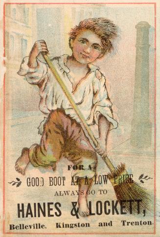 Colour trade card advertisement depicting an illustration of a barefooted boy sweeping with a b ...