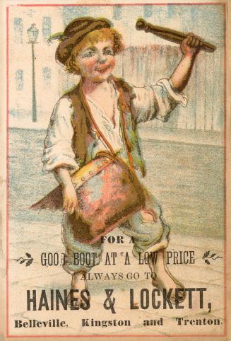 Colour trade card advertisement depicting an illustration of a barefooted boy wielding a baton. ...