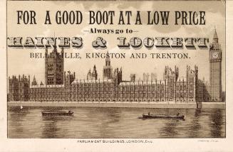 Greyscale trade card advertisement depicting Big Ben and the Parliament Building in London, Eng ...