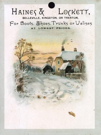 Colour tradecard advertisement depicting an illustration of a large home amidst a wintery scene…