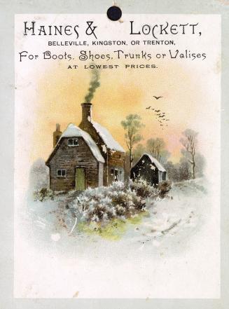 Colour tradecard advertisement depicting an illustration of a country home amidst a wintery sce ...