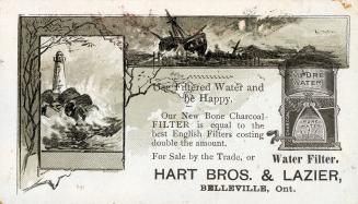Greyscale trade card depicting images of a lighthouse and boat, with text stating, "Health is W ...