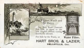 Greyscale trade card depicting images of a lighthouse and boat, with text stating, "Health is W…