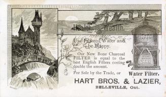 Greyscale trade card depicting images of a castle and shoreline, with text stating, "Health is  ...