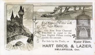 Greyscale trade card depicting images of a castle and shoreline, with text stating, "Health is …