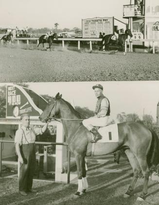 Two photographs from a horse racing track. The top one shows three horses galloping on a dirt t ...