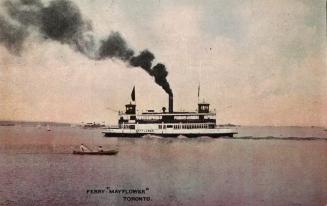 Colorized picture of a steamboat ferry on open water.