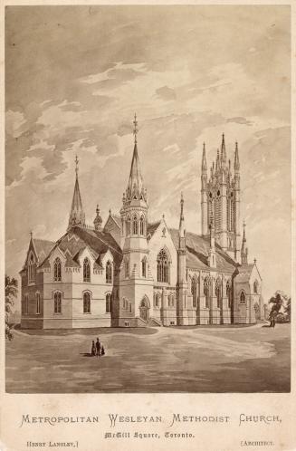 An illustration of a large church or cathedral located in the middle of a grassy field, with a  ...