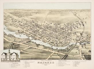 A pictorial map, dated 1874, of Napanee, Ontario, depicting buildings and streets and the Napan ...