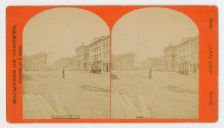 Pictures show a man walking across an empty city street with large buildings on either side of  ...