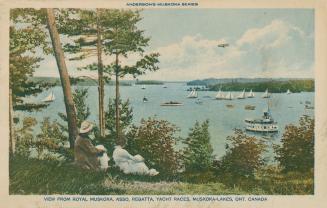 Two woman sitting sitting on the grass watch as sail boats and a steamship pass by on a large l ...
