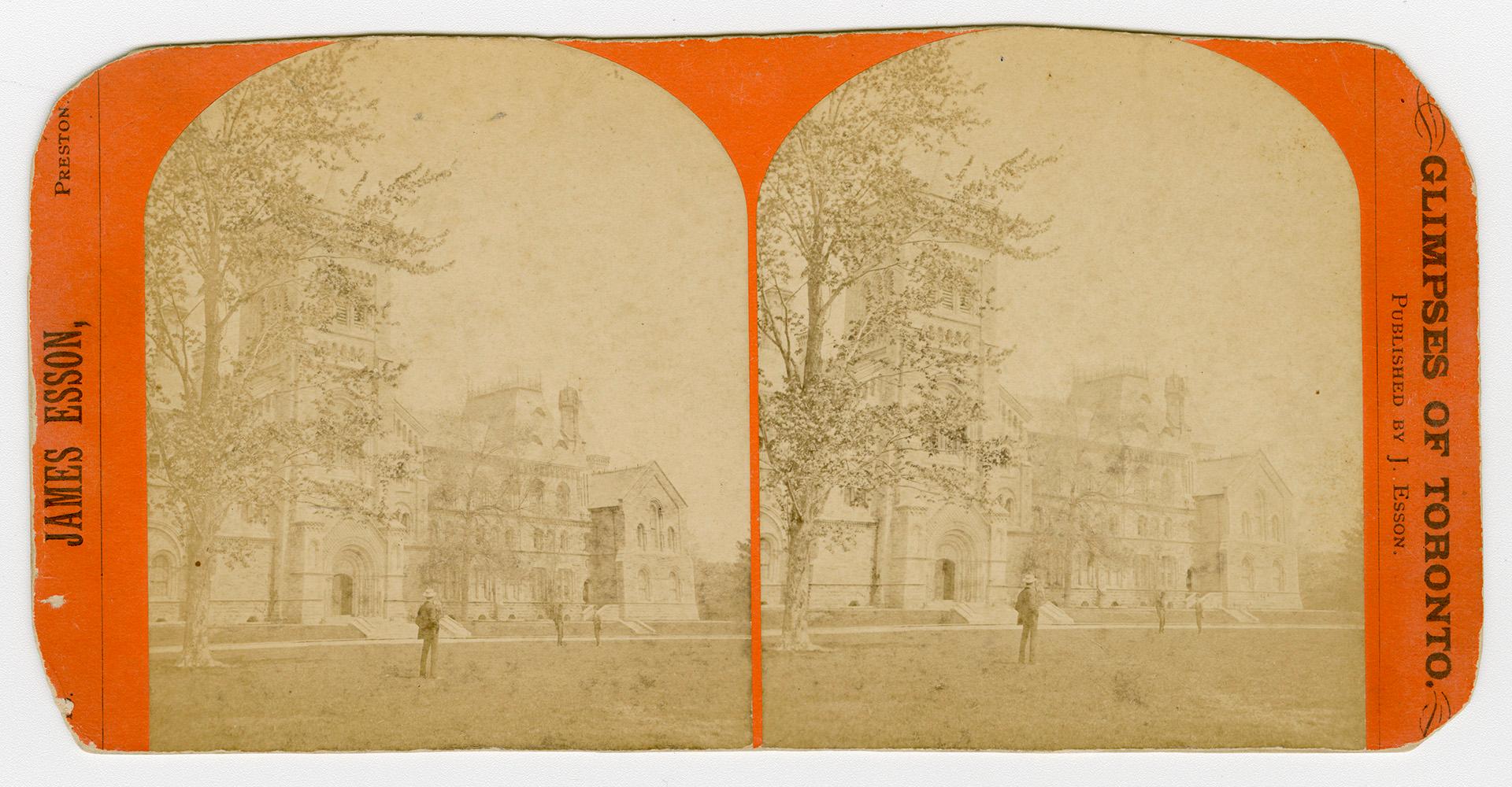 Pictures show three people standing on the lawn in front of a huge collegiate-gothic complex.