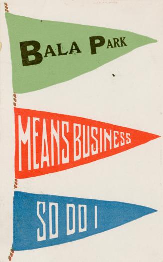 A green, red and blue pennant with "Bala Park means business so do I" written on them