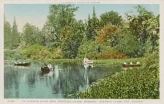 Four canoes with canoeists on water near the shoreline of a lake.