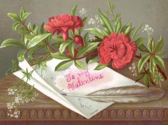 A flat card with an image of red flowers sitting on a desk beside a sheet of paper and a quill. ...
