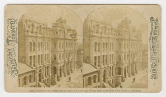 Pictures show a row of large buildings on the north side of a city street. Two buildings are in ...