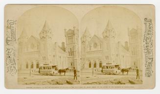 Pictures show a horse drawn street car in from a Romanesque Revival style church.