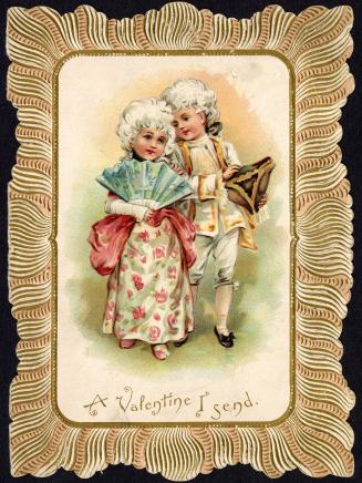 A flat card with an image rendered in soft colours. The picture shows a boy and girl in fancy c ...