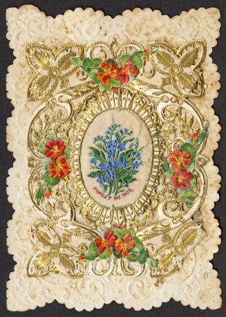 A flat, lacy card. Blue forget-me-not flowers are at the centre of the image surrounded by red  ...