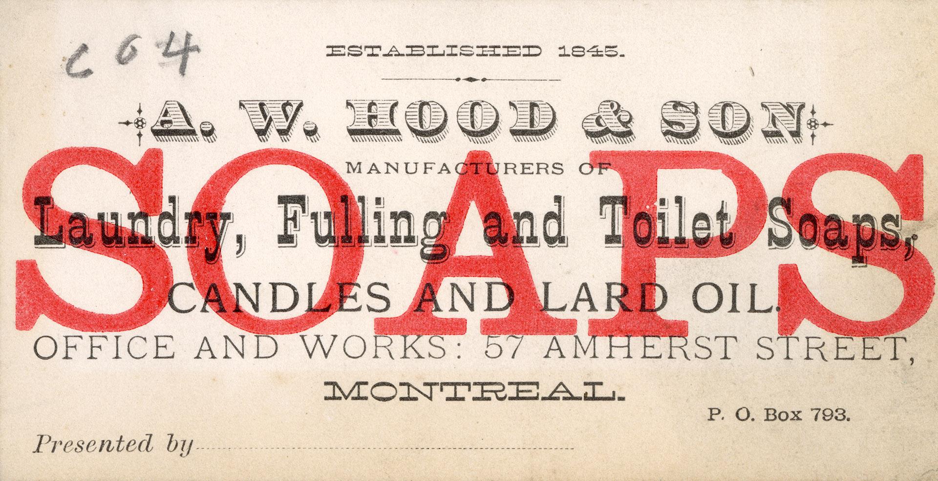 Trade card advertisement containing text stating, "Established 1845 // A.W. Hood & Son // Manuf…