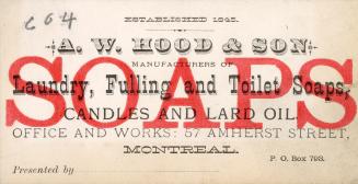 Trade card advertisement containing text stating, "Established 1845 // A.W. Hood & Son // Manuf ...