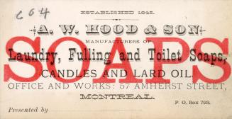 Trade card advertisement containing text stating, "Established 1845 // A.W. Hood & Son // Manuf…