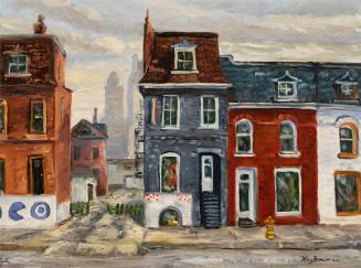 An oil painting of a row of three story townhouses which are different colours and slightly dif ...