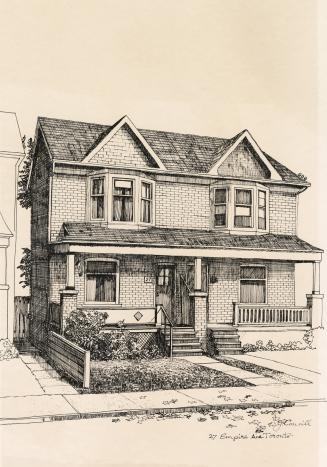 An illustration of a two-story residential townhouse with a covered porch. The address sign of  ...