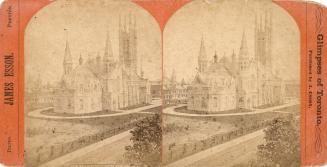 Stereo photograph showing a long range view of the very large church in the the style of French ...