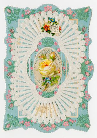 A flat card with lots of lacy embellishments. The image on the front depicts yellow rose at the ...