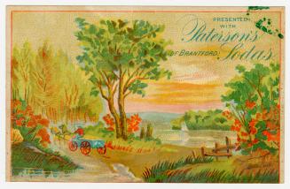 Colour trade card advertisement for Paterson's Sodas, depicting an illustration of a nature sce ...