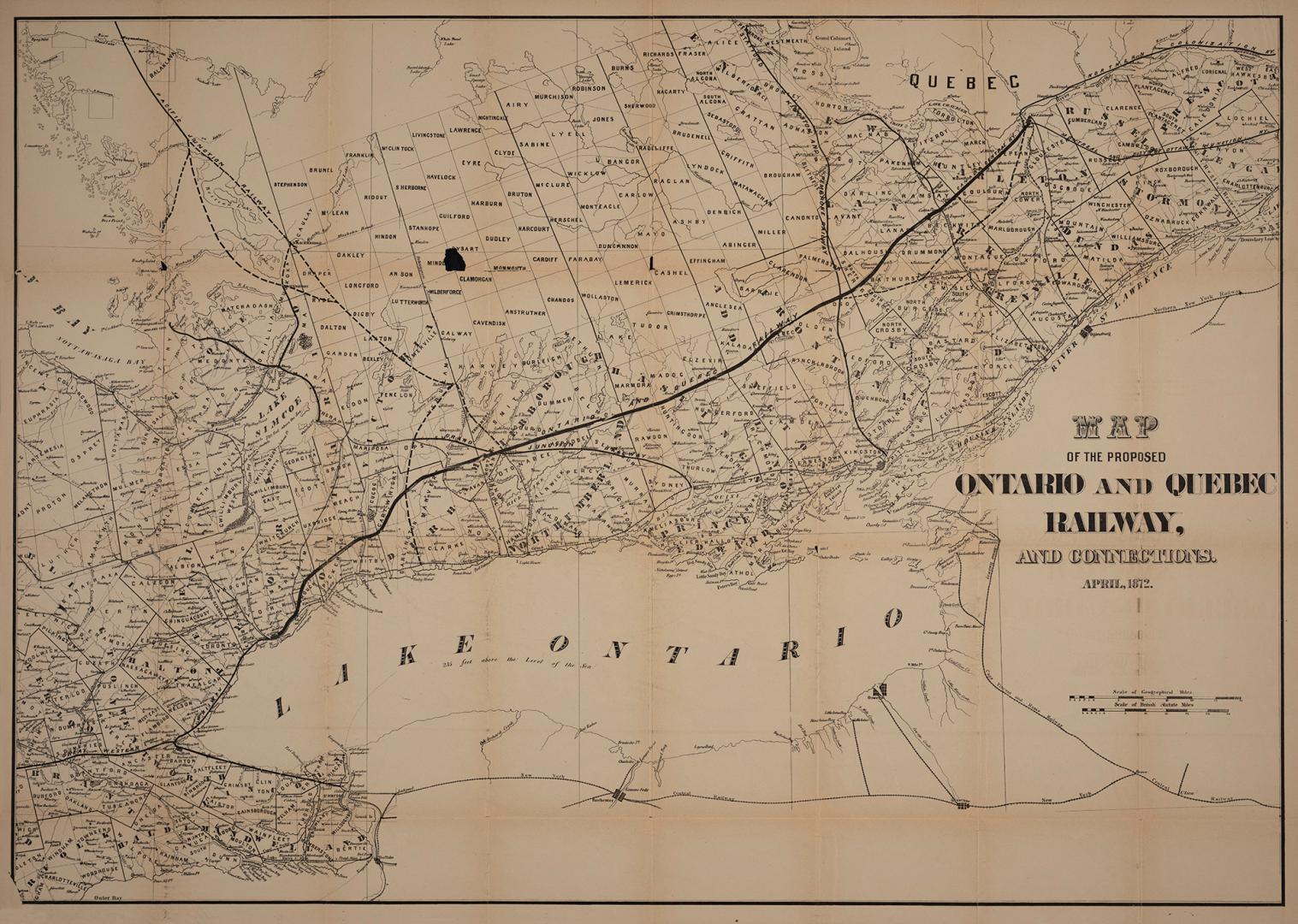 Map of the proposed Ontario and Québec railway and connections
