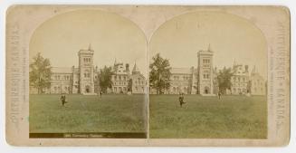 Pictures show a hand tinted photograph of two boys on the lawn in front of a huge collegiate-go ...