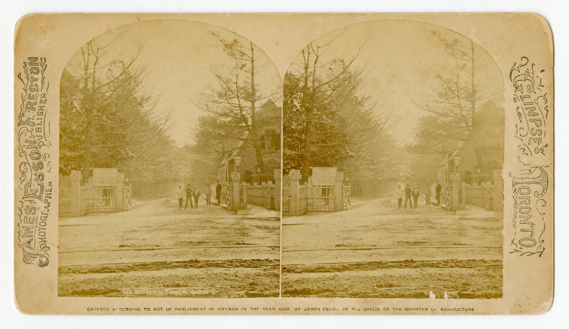 Pictures show a group of people standing in front of a gated, wide path into a wooded area. Str ...