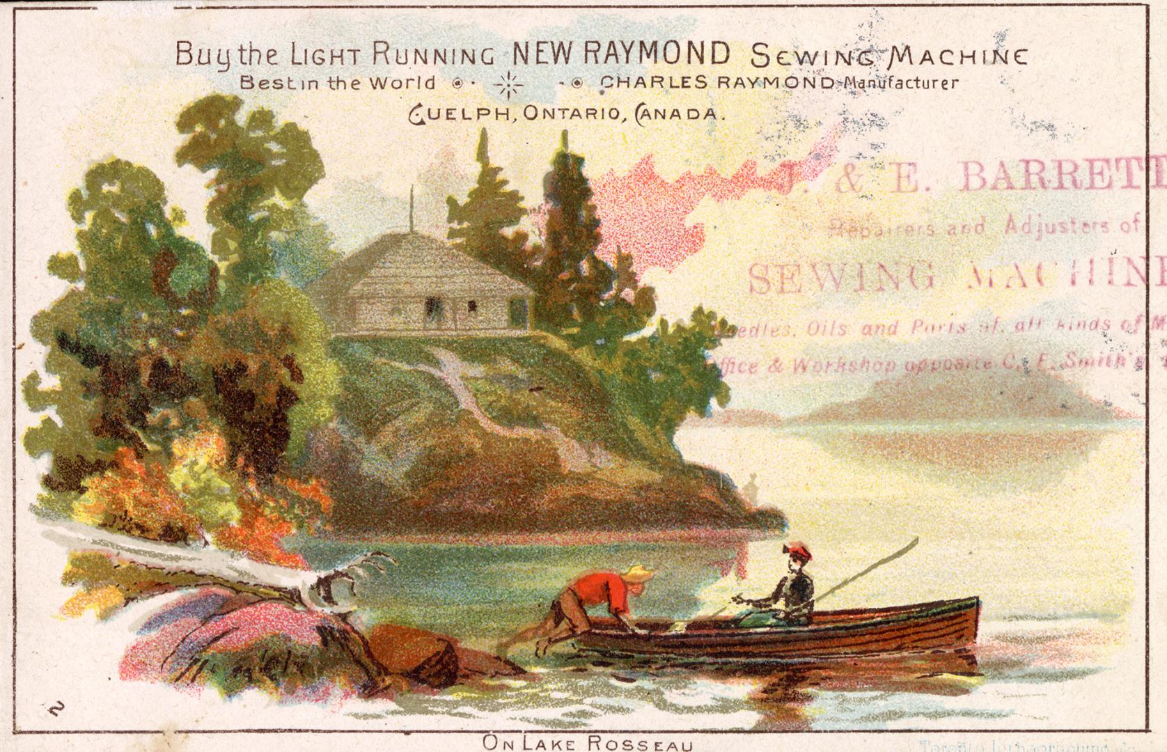 Colour trade card advertisement for the Charles Raymond sewing machine. The front of the card d ...