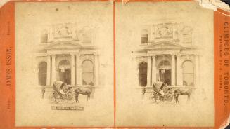 Pictures show a horse and buggy in front of the entrance to a large building in the Beaux Arts …